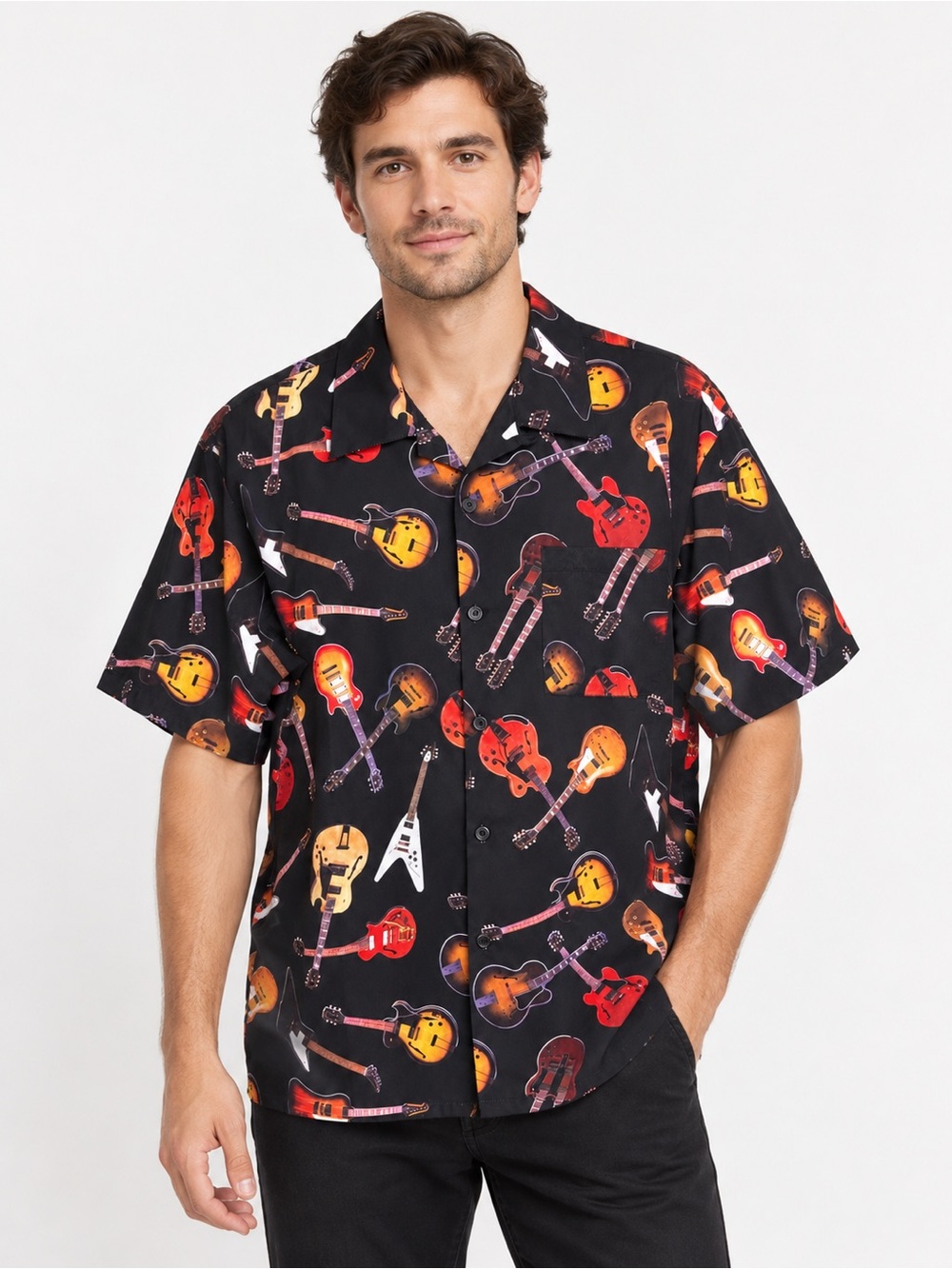 Gibson Guitar Men’s XL Black Button Down Shirt All Over Electric Guitar Print